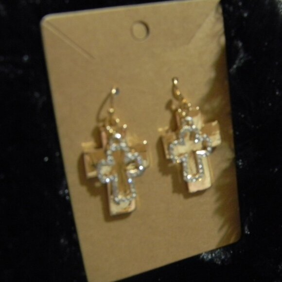 Gold tone Rhinestone Cross Earrings Fishhook NWOT - Picture 2 of 3